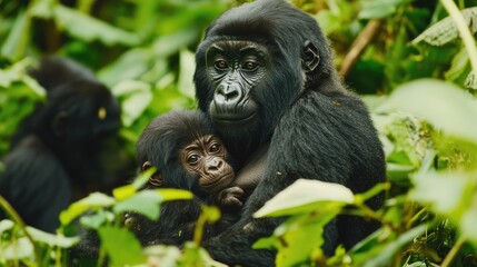 Obraz premium Gentle Moment: Gorilla Mother Embraces Her Baby In A Lush Jungle Setting, Showcasing Wildlife And Primate Conservation.