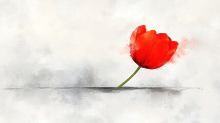 Solitary Red Tulip in a Watercolor World