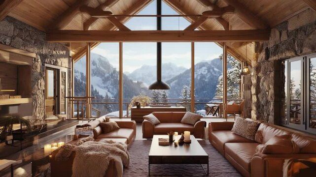 Mountain chalet living room with panoramic view