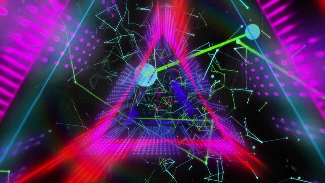 3D render showing lime-green lines converging toward glowing turquoise nodes inside magenta tunnel