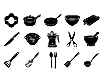 Culinary Collection: This monochromatic silhouette presents a diverse array of kitchen tools and utensils, embodying the essence of home cooking and culinary creativity.