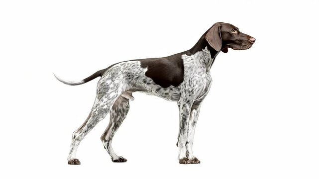 Elegant Pointer Breed Dog Standing Profile View Illustration on White Background. Depicts the animal's sleek form and distinct markings.