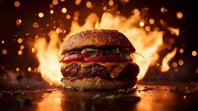 Delicious Burger on Fire: A Culinary Delight