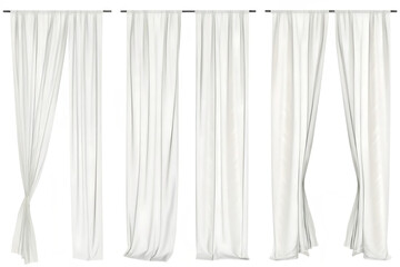 White sheer curtains with different drapery, semi-transparent alpha channel isolated on white background PNG