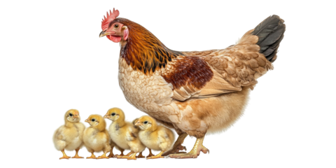 A mother hen with her adorable chicks in a natural outdoor setting, showcasing nurturing behavior and a serene atmosphere. on transparent background