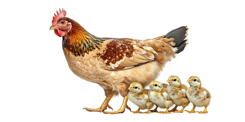 Fototapeta premium Hen with Chicks Walking Together in a Natural Farm Setting on transparent background