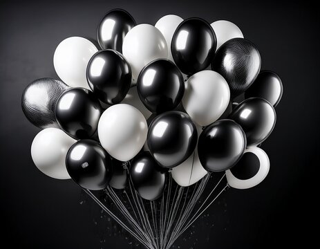 fondo festivo y de celebracion elegantes globos blancos y negros de helio volando sobre fondo negro para anuncios cumpleanos e invitaciones