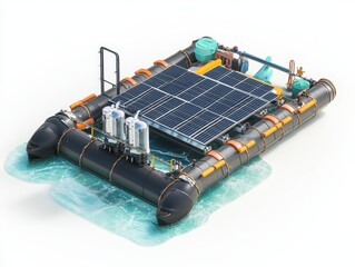 High-detail 3D visualization of solar-powered desalination raft near coastal village used in green technology