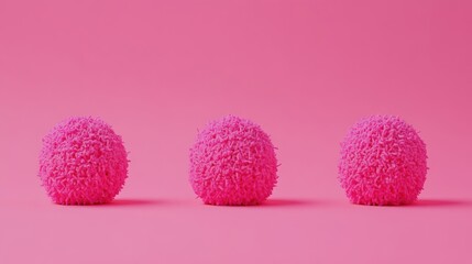 Three surreal magenta textured spheres on a pink background creating a modern minimalistic scene