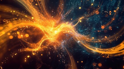 Abstract digital artwork featuring vibrant swirling colors and dynamic particles.