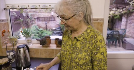 Kitchen, coffee and old woman chatting man with cup at breakfast time in home, grandma making beverage for grandpa. Morning, tea and senior couple enjoying retirement, drink and marriage with love. - Powered by Adobe