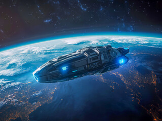 Obraz premium Floating gracefully in space, the satellite displays intricate solar panels and antennas while orbiting above Earth’s stunning atmosphere, highlighting human innovation and futuristic exploration