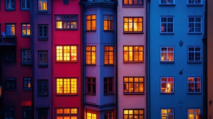 Colorful buildings at dusk with illuminated windows creating a warm atmosphere.