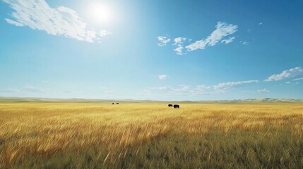 Obraz premium Sunny golden grassland landscape with grazing animals. Vast expanse of tall golden grasses under a clear, sunny blue sky. Three dark-colored animals are visible in the distance
