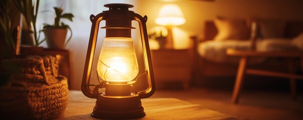 A warmly lit antique lantern sits on a wooden surface indoors