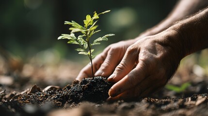 Close-up of hands planting small tree in soil, sustainability concept