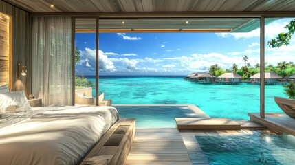 Fototapeta premium A luxurious bedroom with a stunning ocean view and private pool, ideal for relaxation.
