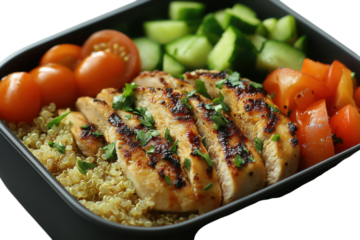 Grilled chicken quinoa bowl vibrant summer lunch healthy meal prep cucumber and tomato salad