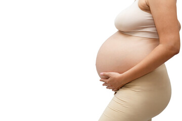 Portrait of a pregnant woman touching her big belly close up, mother, pregnancy, people and expectation. Woman holding big pregnant stomach