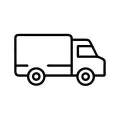 Delivery truck side view icon in black outline style, cargo transportation symbol for logistics apps, freight management systems or commercial transport interfaces