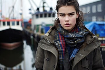 Fashionable woman standing near boats in a harbor setting.
