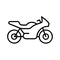 Fototapeta premium Motorcycle side view icon in black outline style, two-wheeled vehicle symbol for mobility apps, delivery services, road safety or transport infographics