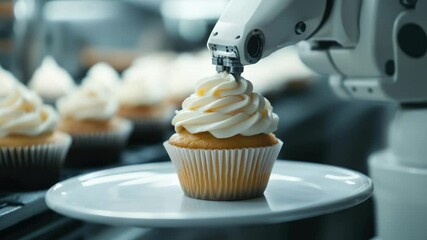 Automated kitchen robotic arms preparing dessert cake, showcasing AI-powered culinary innovation, futuristic home technology smart cooking solutions that bring efficiency convenience.