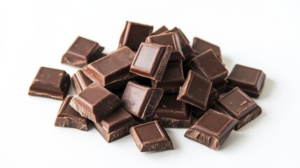 A pile of dark chocolate squares isolated on a white background.