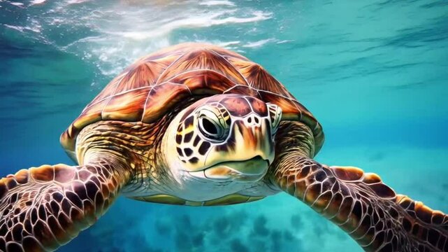 A sea turtle gracefully swims in clear turquoise water, its shell beautifully patterned, approaching the viewer directly