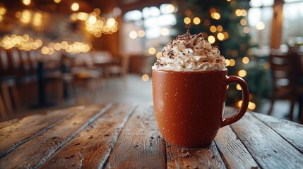 Hot drink with cream. Winter cafe atmosphere