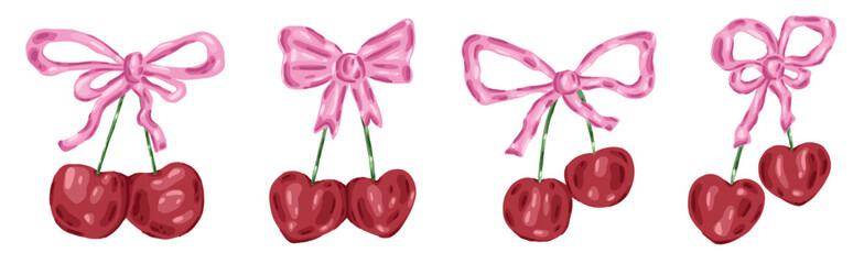 Set of cherry with pink bow and ribbon in watercolor style. Vintage coquette illustration