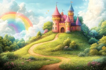 Naklejka premium Fairytale castle hilltop path rainbow