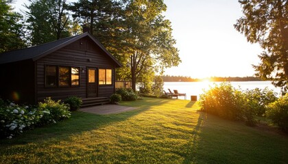 Lakeside cabin at sunset