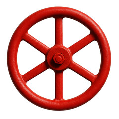 Obraz premium Bright red metal handwheel for industrial or plumbing valves, featuring a robust spoked design and textured paint finish.
