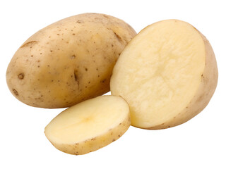 Whole and Sliced Fresh Potato Isolate on transparent background cutout, PNG file, Cutout file