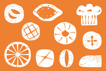 Bakery and fresh pastry pattern set. Collection of homemade bread, buns, baguettes, and assortments. Bakery and shop. Flat illustration vector elements. Isolated. Simple, colorful graphic background.
