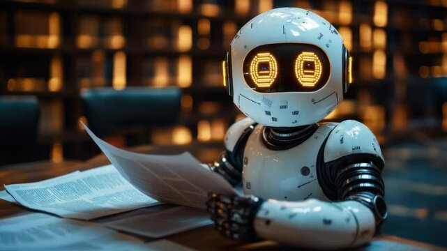 Robot Reading in Library: A futuristic robot engrossed in reading documents in a classic library setting. The scene blends technology and history.