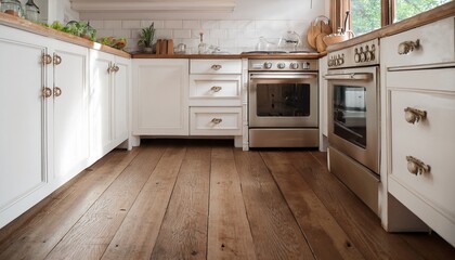 old simple white and wood kitchen with hardwood floor