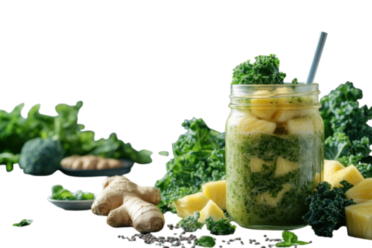 Refreshing kale pineapple ginger smoothie in mason jar vibrant green hues healthy detox drink