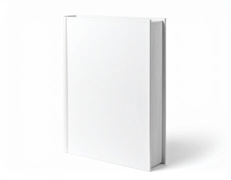 Blank hardcover book standing upright, clean white mockup for cover design isolated