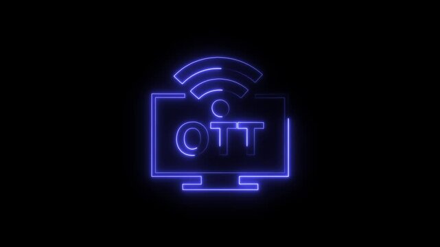 Glowing Neon OTT Media Icon Isolated on Black Background with HD Video Motion Graphic Animation.