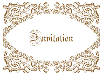 Decorative vintage golden border in baroque style, lettering invitation, vector card, hand drawn illustration