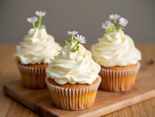 Three cupcakes with white frosting and flowers on a wooden table
