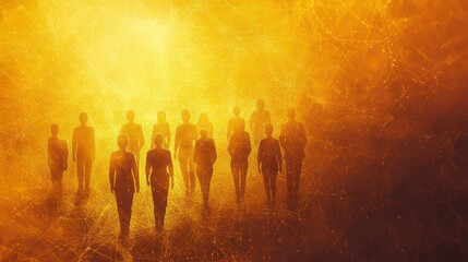 Fototapeta premium Silhouetted figures walking through an abstract golden landscape, symbolizing unity and purpose.
