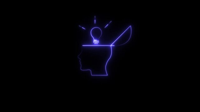 Glowing Neon Open Mind Icon Isolated on Black Background. HD Video Graphic Animation.