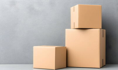 Stacked cardboard boxes. Simple, brown packing materials against a grey wall. Neutral, organized, and minimalistic