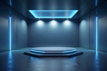 Modern Minimalist Product Showcase Platform with Blue Neon Lighting