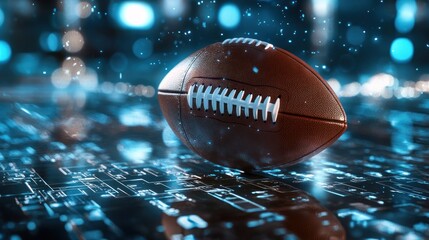 A football hovering over a digital background, symbolizing sports technology and innovation.