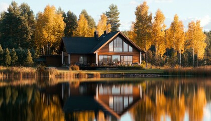Fototapeta premium Lakeside cabin in autumn