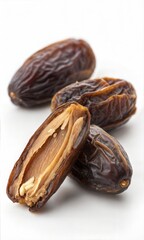 Obraz premium Dried dates, cut in half, isolated on a white background.